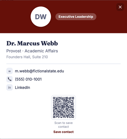 A beive profile popup showing a person's title, department, contact details, and a QR code to save their contact